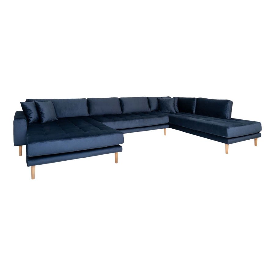 HOUSE NORDIC Lido U-sofa Open End, med venstre sjeselong - mrkebl velour og naturlig tre