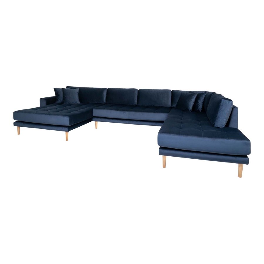 HOUSE NORDIC Lido U-sofa Open End, med venstre sjeselong - mrkebl velour og naturlig tre