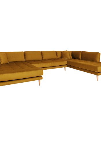 HOUSE NORDIC Lido U-sofa med pen ende - U-sofa med pen ende, venstrevendt i sennepsgul velur med fire puter og naturlige treben, HN1004
