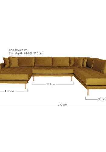 HOUSE NORDIC Lido U-sofa med pen ende - U-sofa med pen ende, venstrevendt i sennepsgul velur med fire puter og naturlige treben, HN1004