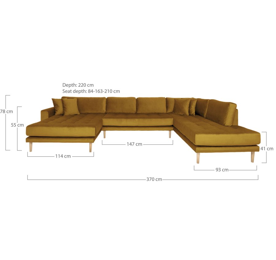 HOUSE NORDIC Lido U-sofa med pen ende - U-sofa med pen ende, venstrevendt i sennepsgul velur med fire puter og naturlige treben, HN1004