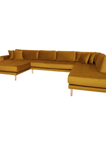 HOUSE NORDIC Lido U-sofa med pen ende - U-sofa med pen ende, venstrevendt i sennepsgul velur med fire puter og naturlige treben, HN1004