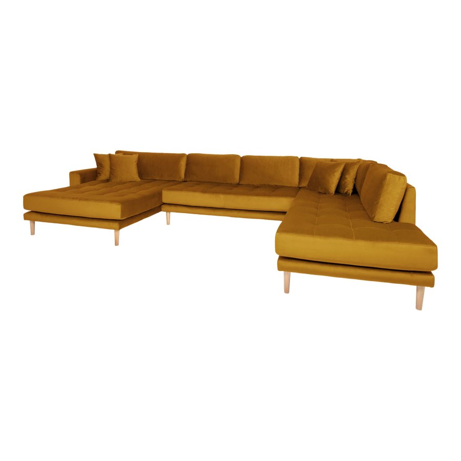 HOUSE NORDIC Lido U-sofa med pen ende - U-sofa med pen ende, venstrevendt i sennepsgul velur med fire puter og naturlige treben, HN1004