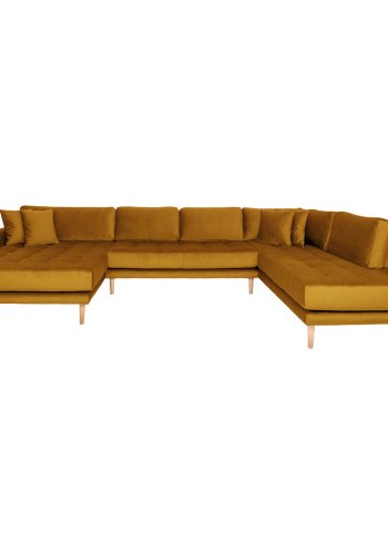 HOUSE NORDIC Lido U-sofa med pen ende - U-sofa med pen ende, venstrevendt i sennepsgul velur med fire puter og naturlige treben, HN1004