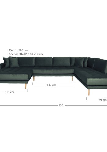 HOUSE NORDIC Lido U-sofa med pen ende - U-sofa med pen ende, venstrevendt i mrkegrnn velur med fire puter og naturlige treben, HN1006