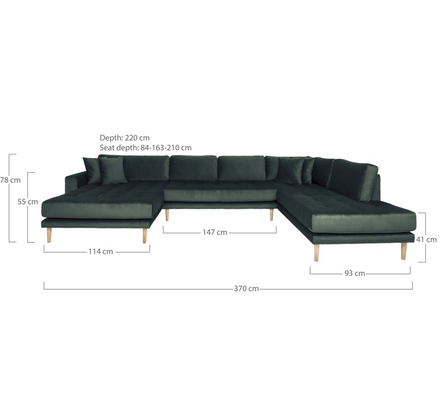 HOUSE NORDIC Lido U-sofa med pen ende - U-sofa med pen ende, venstrevendt i mrkegrnn velur med fire puter og naturlige treben, HN1006