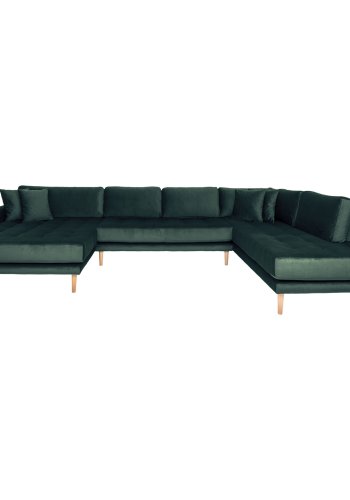 HOUSE NORDIC Lido U-sofa med pen ende - U-sofa med pen ende, venstrevendt i mrkegrnn velur med fire puter og naturlige treben, HN1006