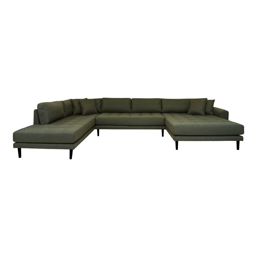 HOUSE NORDIC Lido U-sofa, med pen ende mot hyre og 4 puter - olivengrnn polyester og svart tre