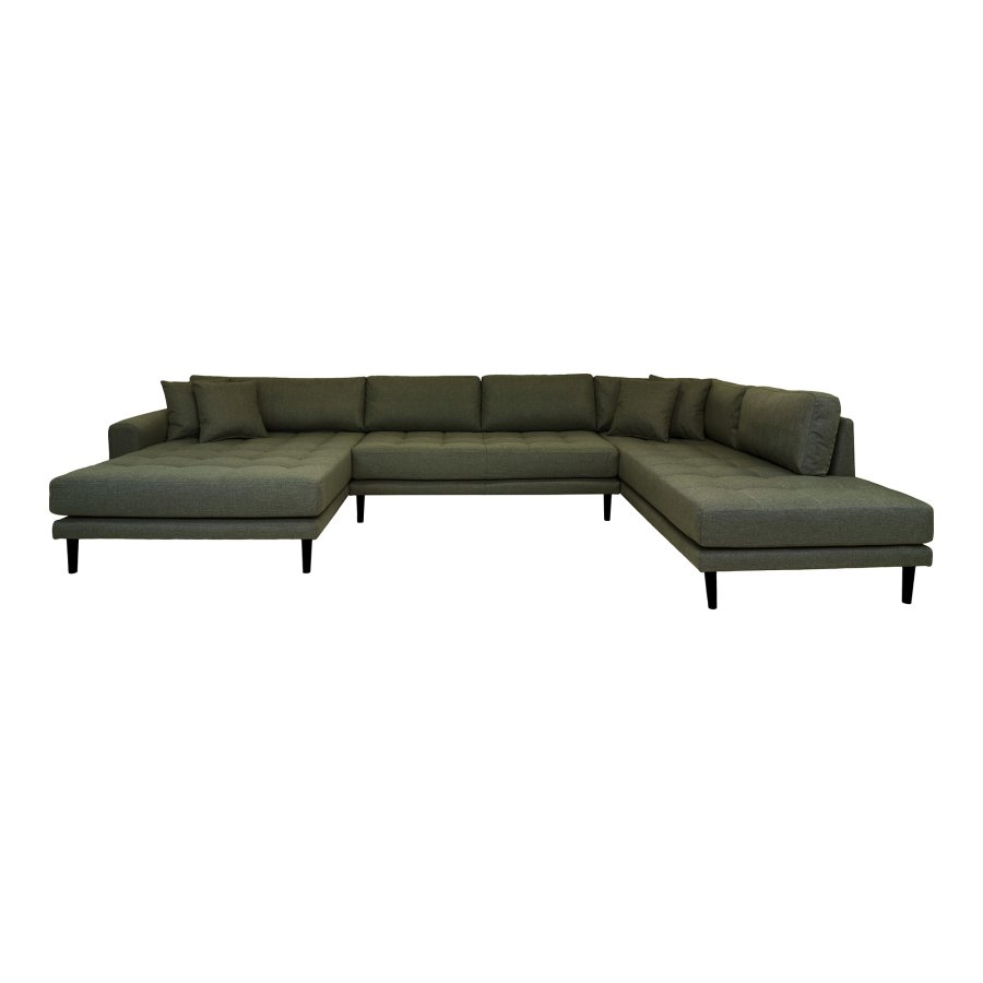 HOUSE NORDIC Lido U-sofa, med pen ende mot venstre og 4 puter - olivengrnn polyester og svart tre