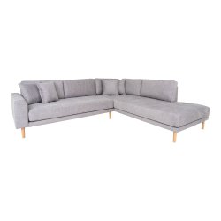 Lido Hj�rnesofa �ben ende, h�jrevendt i lysegr� med fire puder og natur tr�ben