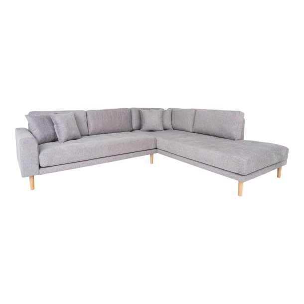 Lido Hj�rnesofa �ben ende, h�jrevendt i lysegr� med fire puder og natur tr�ben