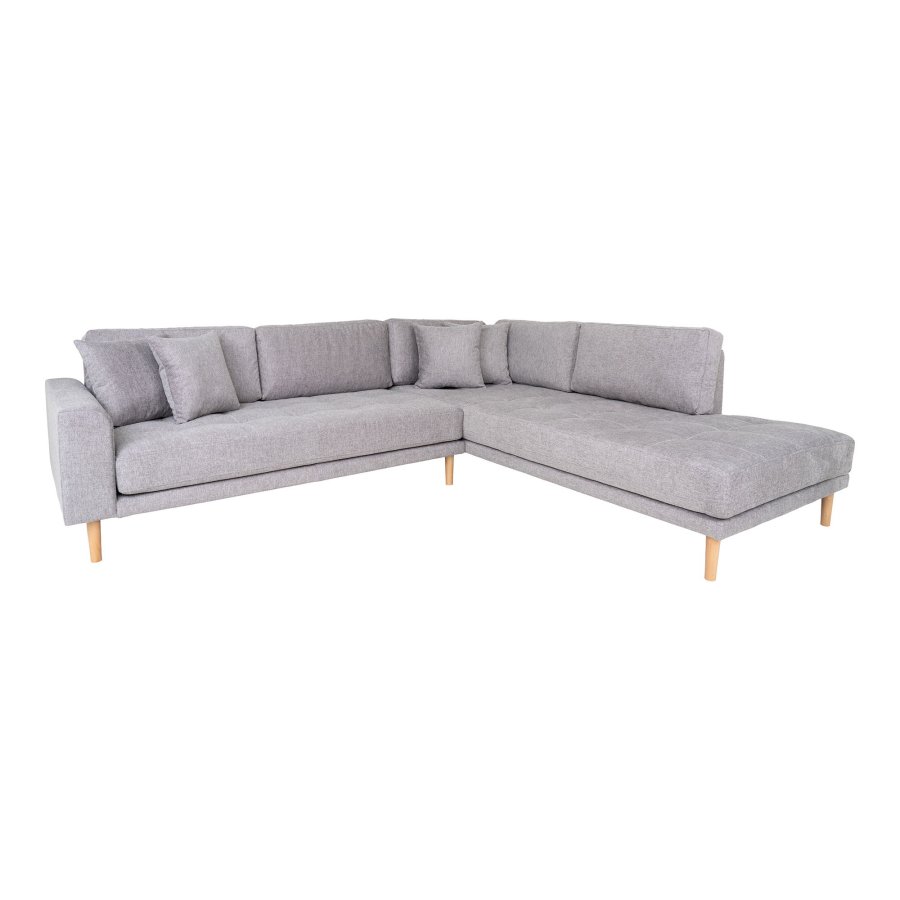 HOUSE NORDIC Lido hjrnesofa med pen ende - Hjrnesofa med pen ende, hyrevendt i lys gr med fire puter og naturlige treben, HN1040