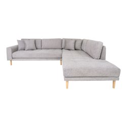 Lido Hj�rnesofa �ben ende, h�jrevendt i lysegr� med fire puder og natur tr�ben