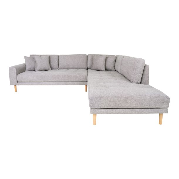 Lido Hj�rnesofa �ben ende, h�jrevendt i lysegr� med fire puder og natur tr�ben