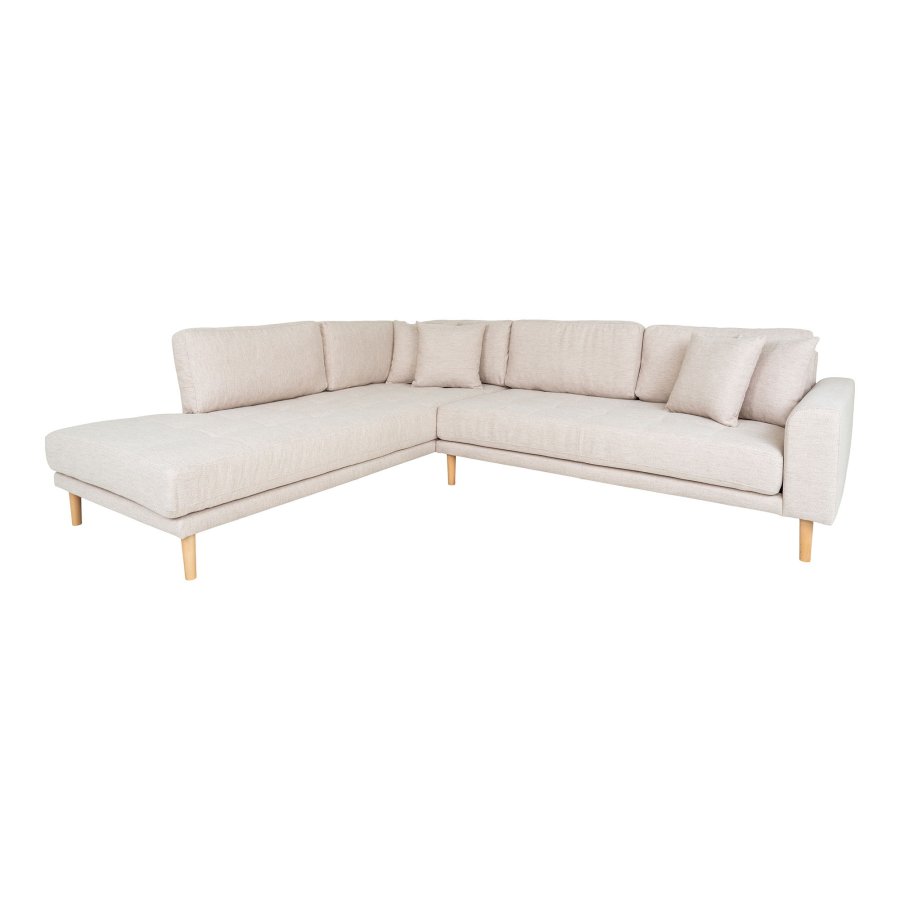 HOUSE NORDIC Lido hjrnesofa med pen ende - Hjrnesofa med pen ende, venstrevendt i sand med fire puter og naturlige treben, HN1050