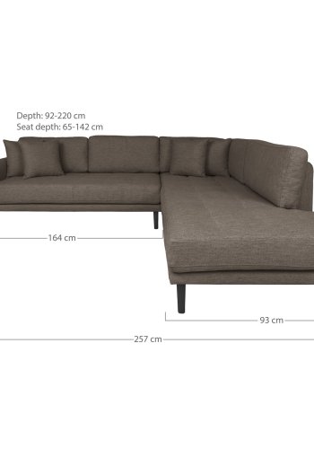 HOUSE NORDIC Lido hjrnesofa med pen ende - Hjrnesofa med pen ende, hyrevendt i brunt med fire puter og svarte treben, HN1055