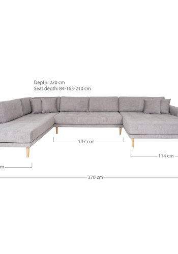 HOUSE NORDIC Lido U-sofa med pen ende - U-sofa med pen ende, hyrevendt i lys gr med fire puter og naturlige treben, HN1040