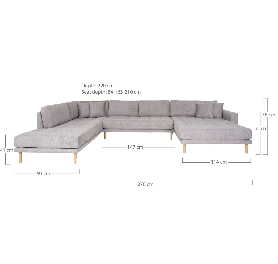 HOUSE NORDIC Lido U-sofa med pen ende - U-sofa med pen ende, hyrevendt i lys gr med fire puter og naturlige treben, HN1040