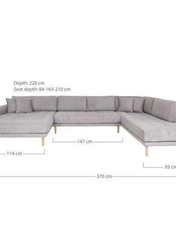 HOUSE NORDIC Lido U-sofa med pen ende - U-sofa med pen ende, venstrevendt i lys gr med fire puter og naturlige treben, HN1040
