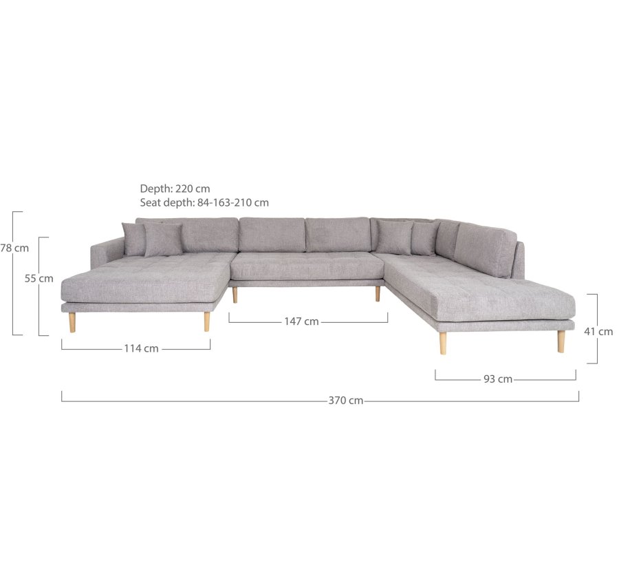 HOUSE NORDIC Lido U-sofa med pen ende - U-sofa med pen ende, venstrevendt i lys gr med fire puter og naturlige treben, HN1040