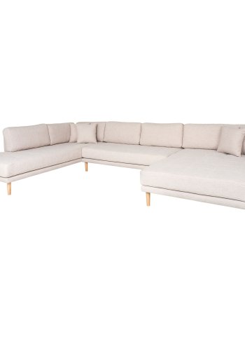 HOUSE NORDIC Lido U-sofa med pen ende - U-sofa med pen ende, hyrevendt i sand med fire puter og naturlige treben, HN1050