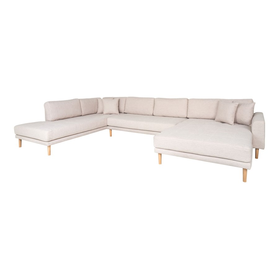 HOUSE NORDIC Lido U-sofa med pen ende - U-sofa med pen ende, hyrevendt i sand med fire puter og naturlige treben, HN1050