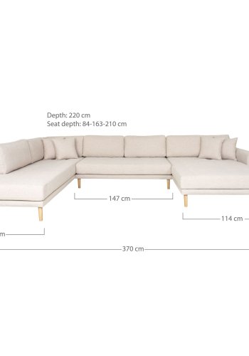 HOUSE NORDIC Lido U-sofa med pen ende - U-sofa med pen ende, hyrevendt i sand med fire puter og naturlige treben, HN1050