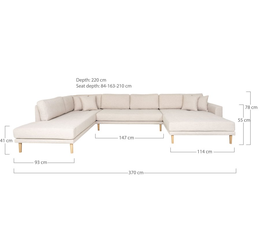 HOUSE NORDIC Lido U-sofa med pen ende - U-sofa med pen ende, hyrevendt i sand med fire puter og naturlige treben, HN1050
