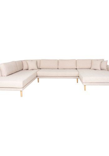 HOUSE NORDIC Lido U-sofa med pen ende - U-sofa med pen ende, hyrevendt i sand med fire puter og naturlige treben, HN1050