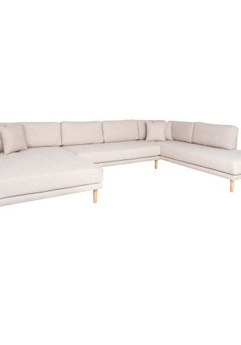 HOUSE NORDIC Lido U-sofa med pen ende - U-sofa med pen ende, venstrevendt i sand med fire puter og naturlige treben, HN1050