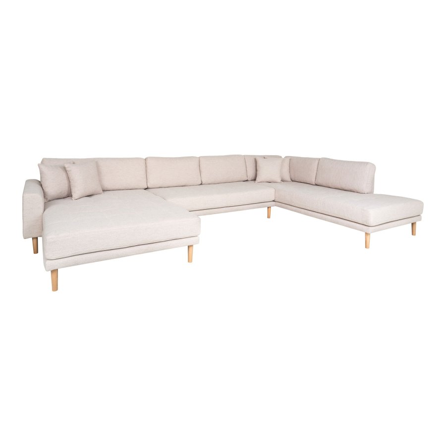 HOUSE NORDIC Lido U-sofa med pen ende - U-sofa med pen ende, venstrevendt i sand med fire puter og naturlige treben, HN1050