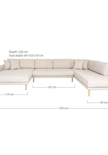 HOUSE NORDIC Lido U-sofa med pen ende - U-sofa med pen ende, venstrevendt i sand med fire puter og naturlige treben, HN1050