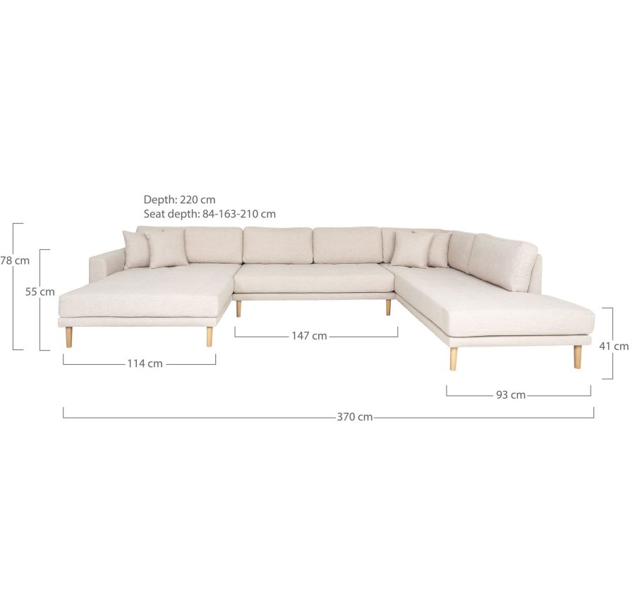 HOUSE NORDIC Lido U-sofa med pen ende - U-sofa med pen ende, venstrevendt i sand med fire puter og naturlige treben, HN1050