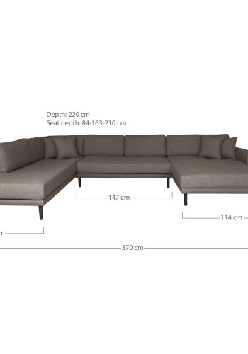 HOUSE NORDIC Lido U-sofa med pen ende - U-sofa med pen ende, hyrevendt i brunt med fire puter og svarte treben, HN1055