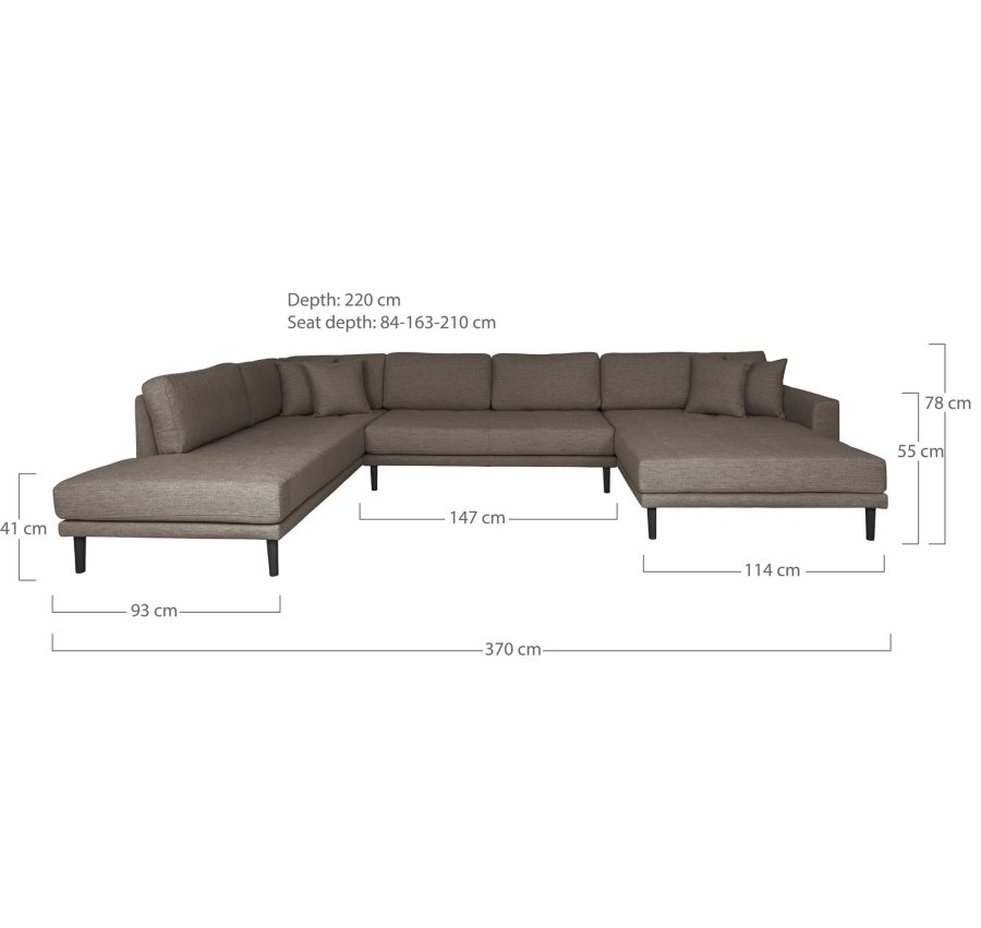 HOUSE NORDIC Lido U-sofa med pen ende - U-sofa med pen ende, hyrevendt i brunt med fire puter og svarte treben, HN1055