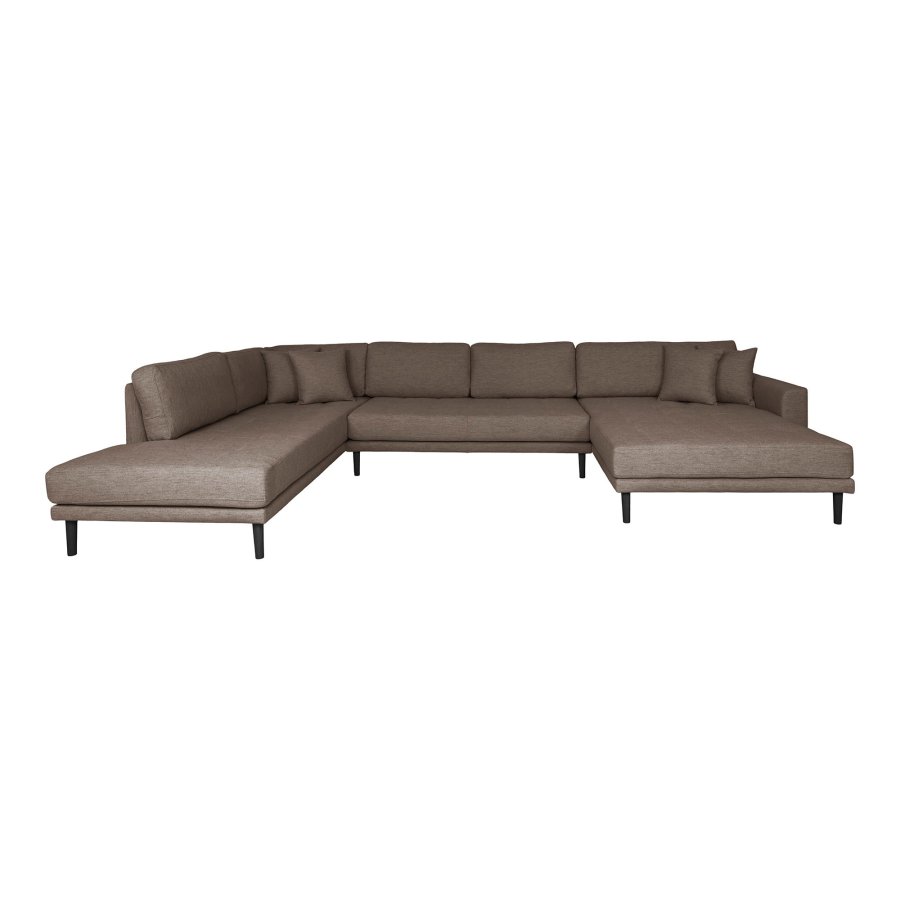 HOUSE NORDIC Lido U-sofa med pen ende - U-sofa med pen ende, hyrevendt i brunt med fire puter og svarte treben, HN1055