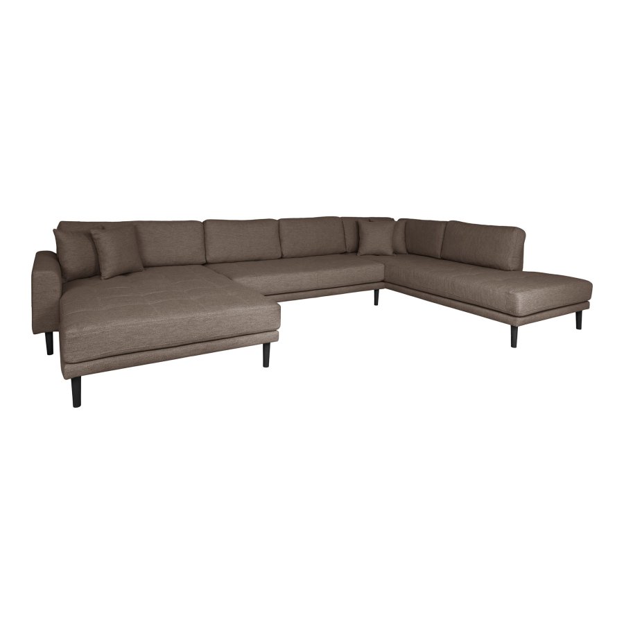 HOUSE NORDIC Lido U-sofa med pen ende - U-sofa med pen ende, venstrevendt i brunt med fire puter og svarte treben, HN1055