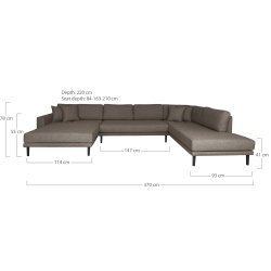 Lido U-sofa, venstre chaiselong, m. 4 puder - brun polyester og sort b�g
