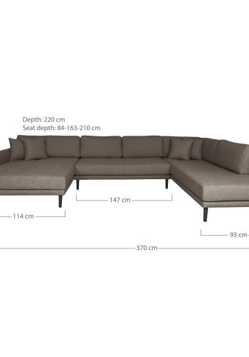 HOUSE NORDIC Lido U-sofa med pen ende - U-sofa med pen ende, venstrevendt i brunt med fire puter og svarte treben, HN1055