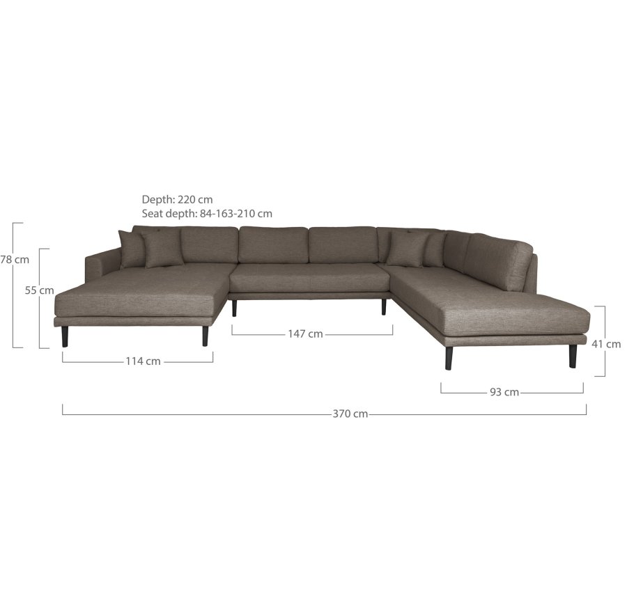 HOUSE NORDIC Lido U-sofa med pen ende - U-sofa med pen ende, venstrevendt i brunt med fire puter og svarte treben, HN1055