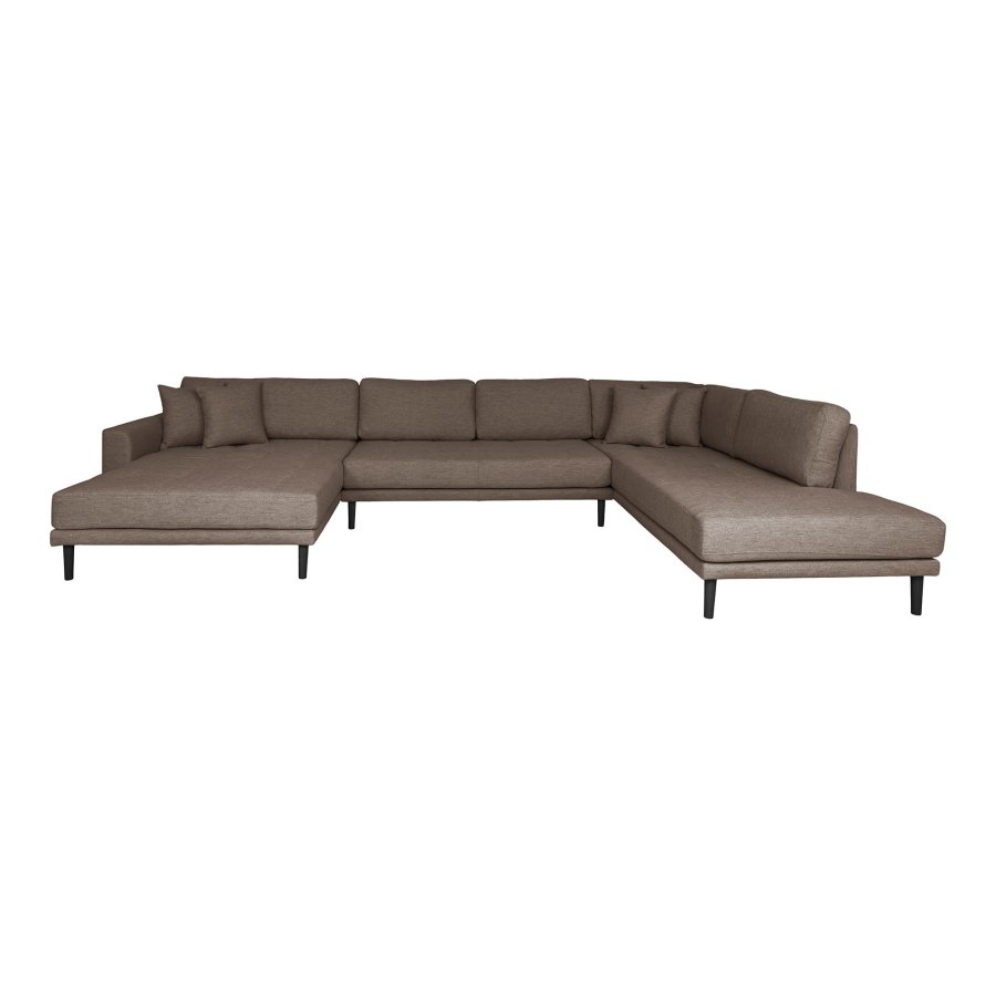 HOUSE NORDIC Lido U-sofa med pen ende - U-sofa med pen ende, venstrevendt i brunt med fire puter og svarte treben, HN1055