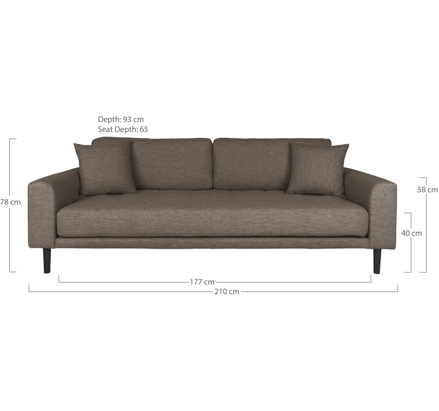 HOUSE NORDIC Lido 3-seters sofa - 3-seters sofa, brun med to puter og svarte treben, HN1055