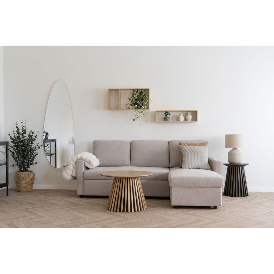 HOUSE NORDIC Belfast sovesofa, med sjeselong og oppbevaring - mrk sand polyester og naturlige ben