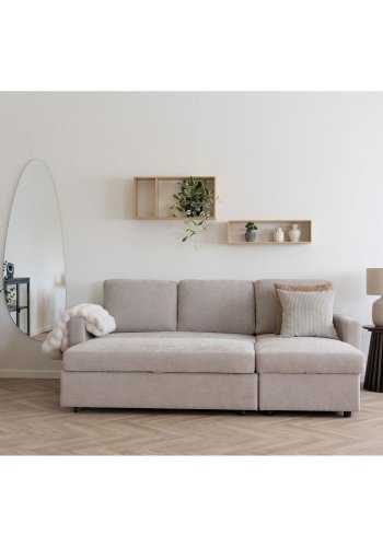 HOUSE NORDIC Belfast sovesofa, med sjeselong og oppbevaring - mrk sand polyester og naturlige ben