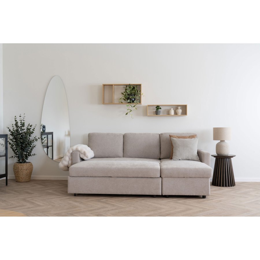 HOUSE NORDIC Belfast sovesofa, med sjeselong og oppbevaring - mrk sand polyester og naturlige ben