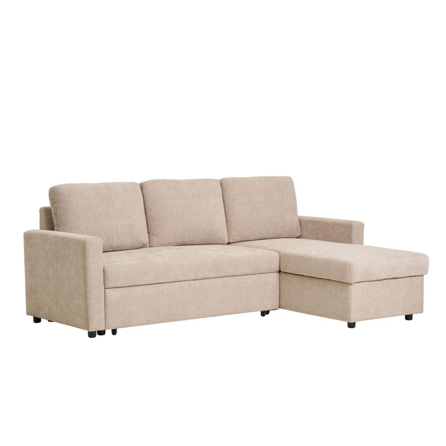 HOUSE NORDIC Belfast sovesofa, med sjeselong og oppbevaring - mrk sand polyester og naturlige ben