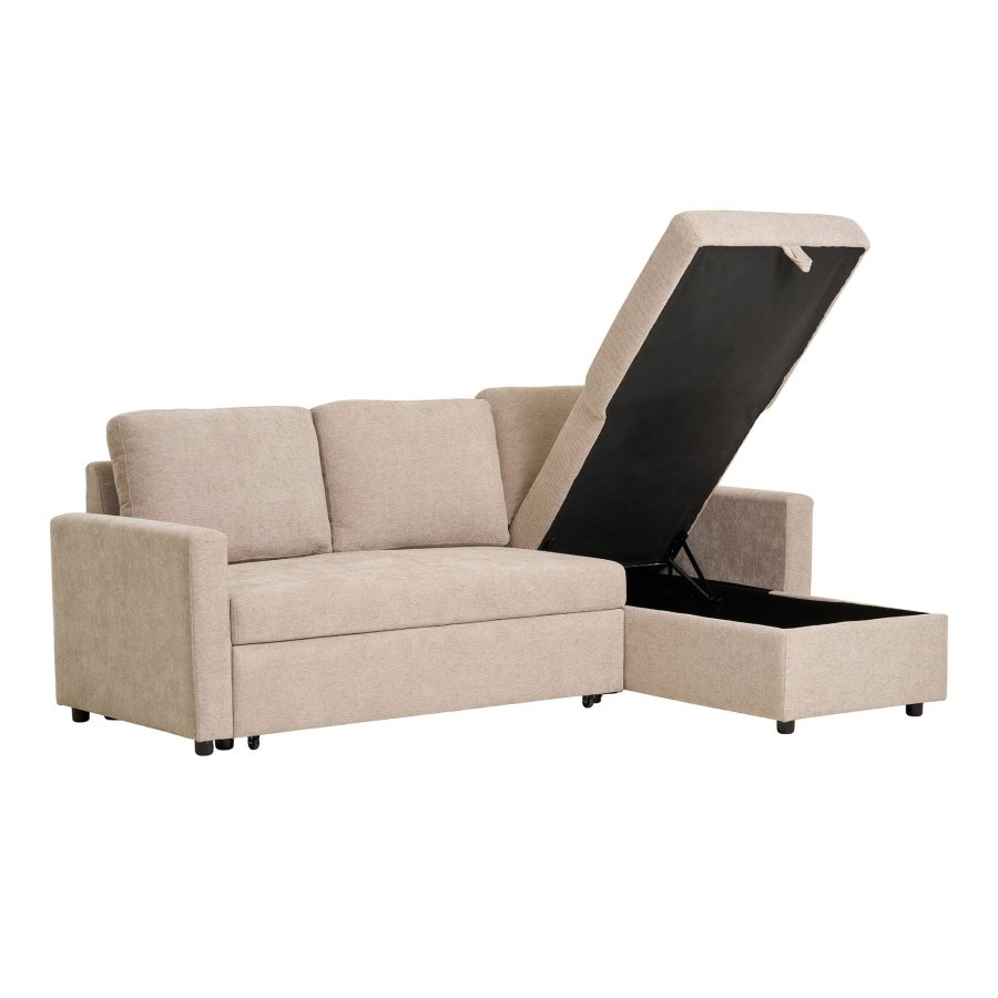 HOUSE NORDIC Belfast sovesofa, med sjeselong og oppbevaring - mrk sand polyester og naturlige ben