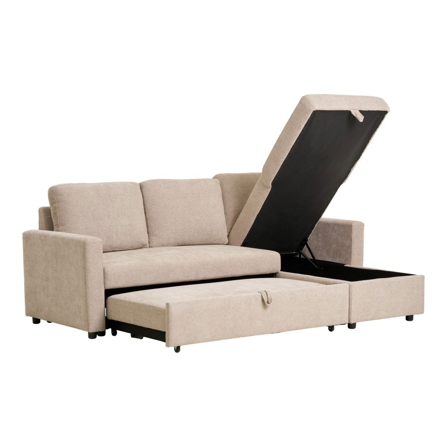 HOUSE NORDIC Belfast sovesofa, med sjeselong og oppbevaring - mrk sand polyester og naturlige ben