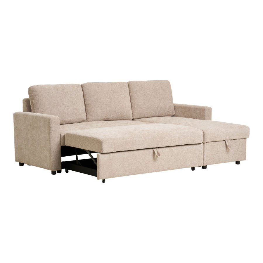 HOUSE NORDIC Belfast sovesofa, med sjeselong og oppbevaring - mrk sand polyester og naturlige ben