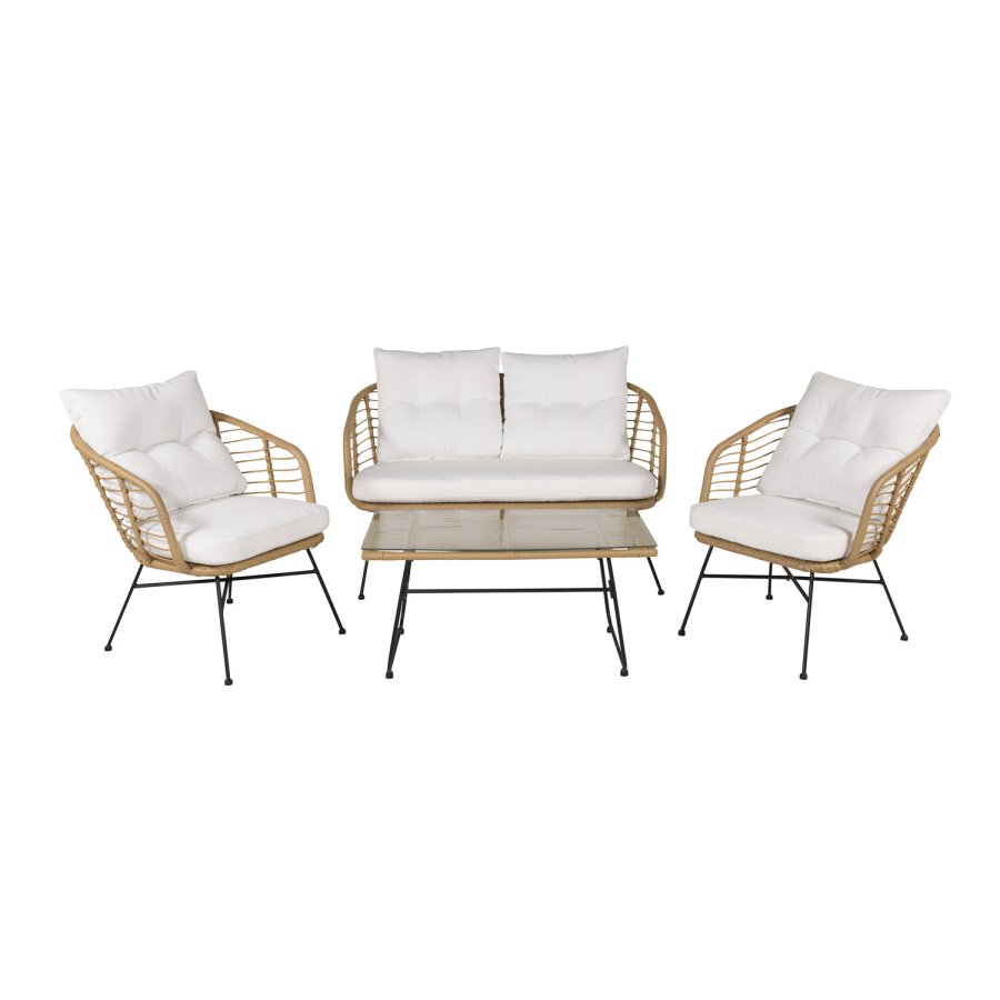 VENTURE DESIGN Viga hagesofasett, med hvite puter - glass, naturlig polyrattan og sort stl